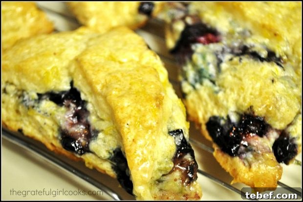 Blueberry Scones with Lemon Glaze Close up photo of the blueberry scones.