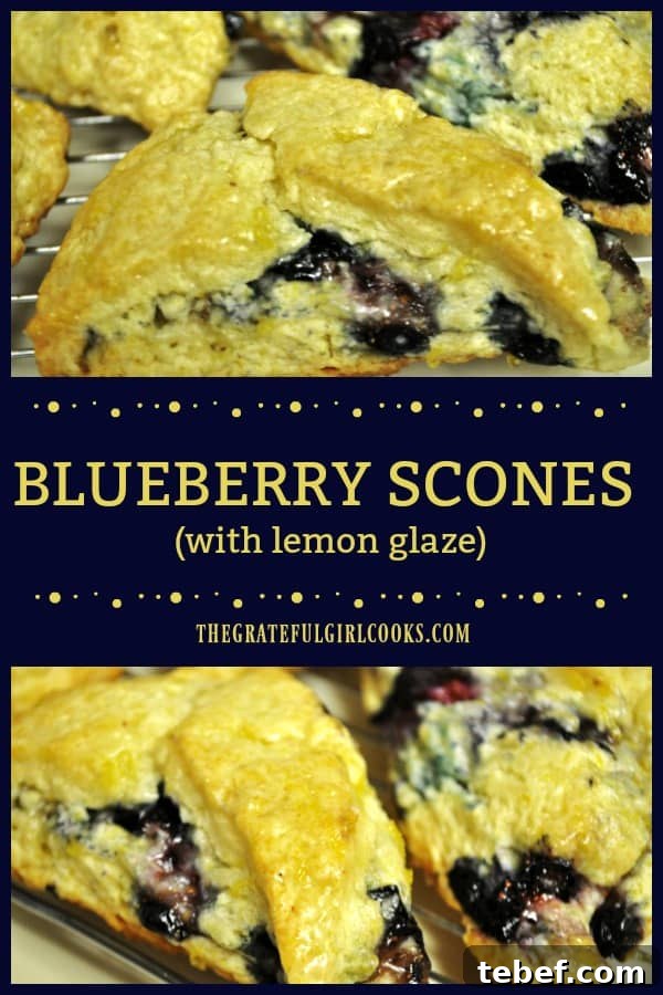 Blueberry scones with lemon glaze Blueberry scones, studded with plump juicy blueberries, and topped with a tangy sweet lemon glaze