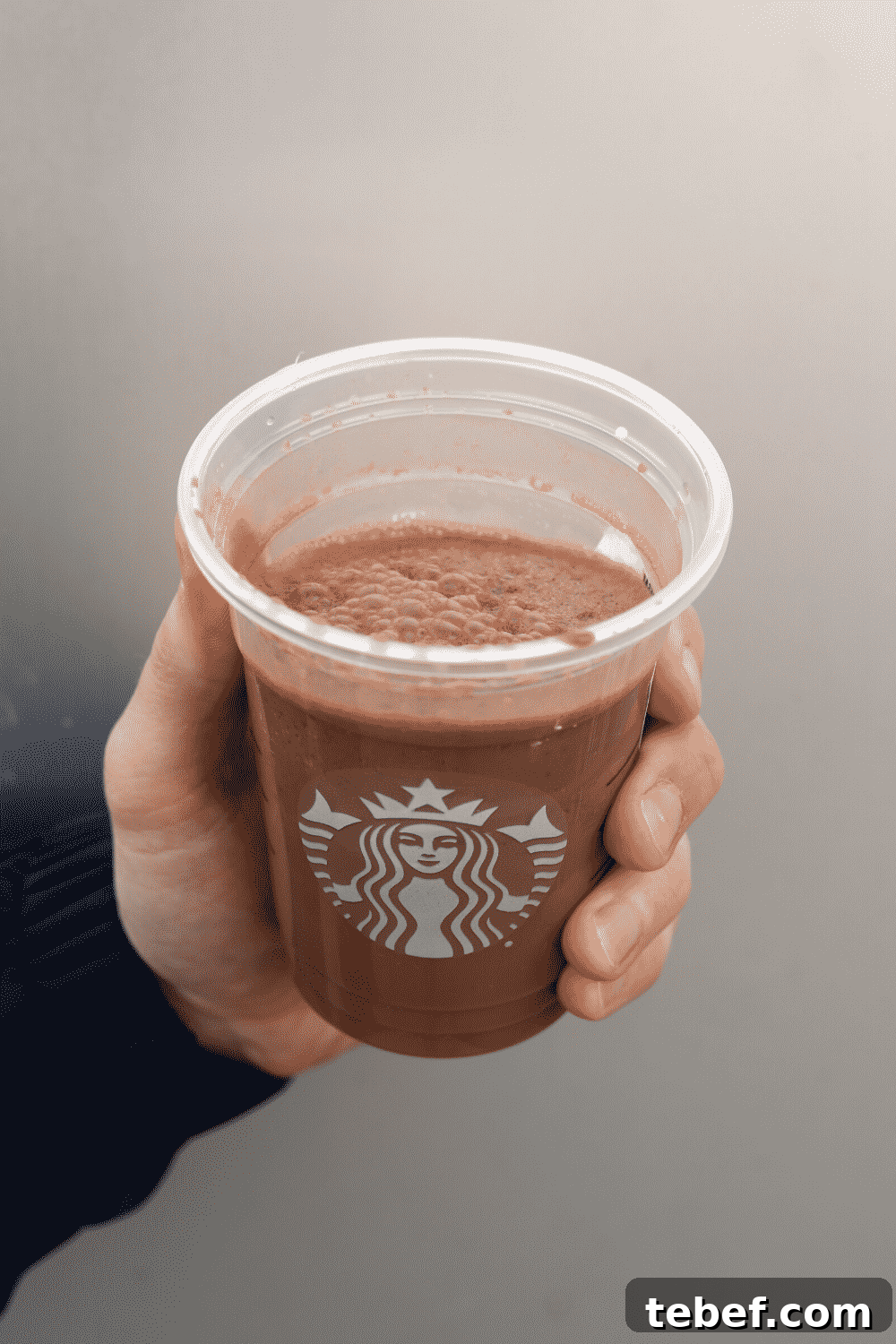 A hand holding a cup of Starbucks vegan mocha Frappuccino.