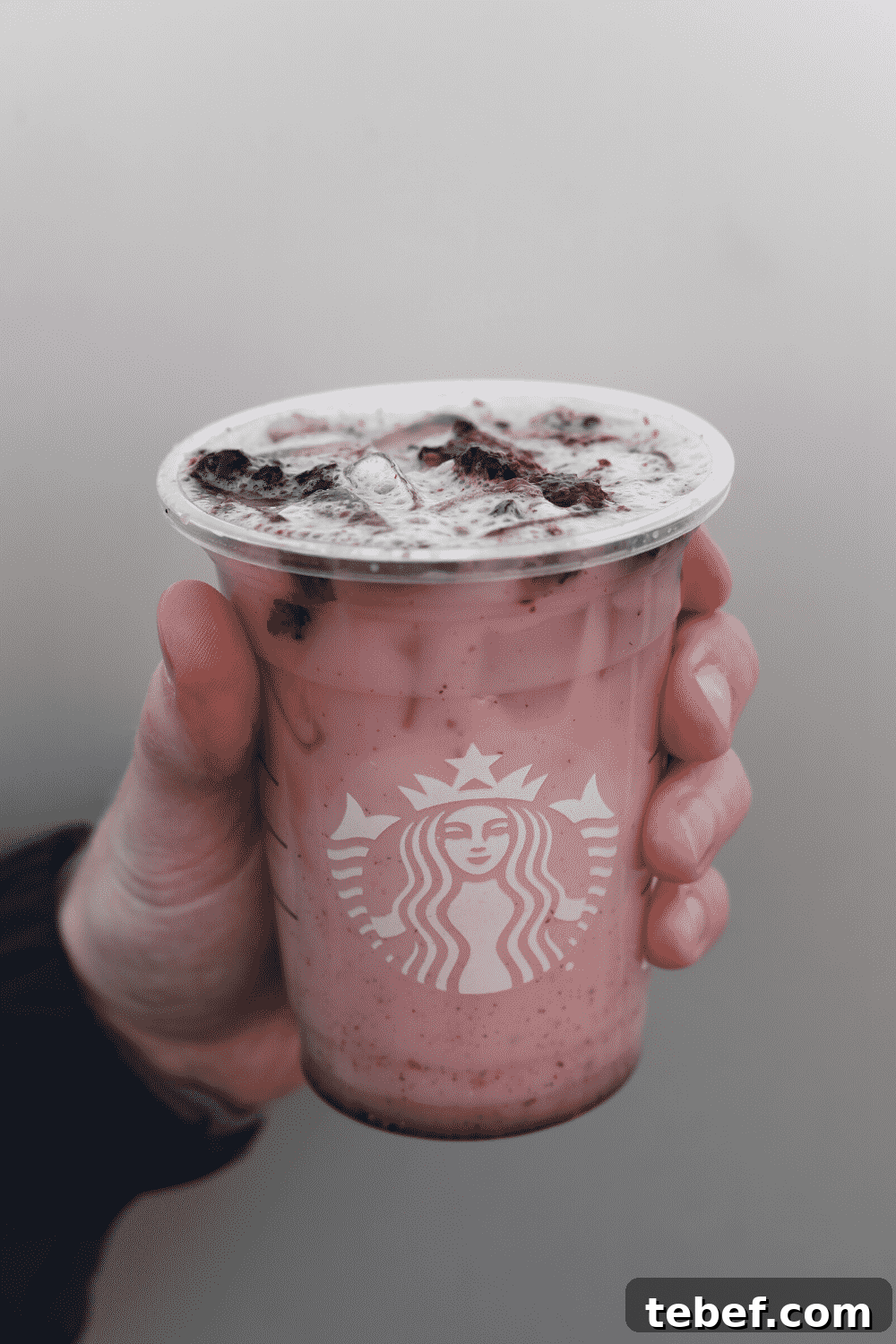 A hand holding Starbucks vegan violet drink.