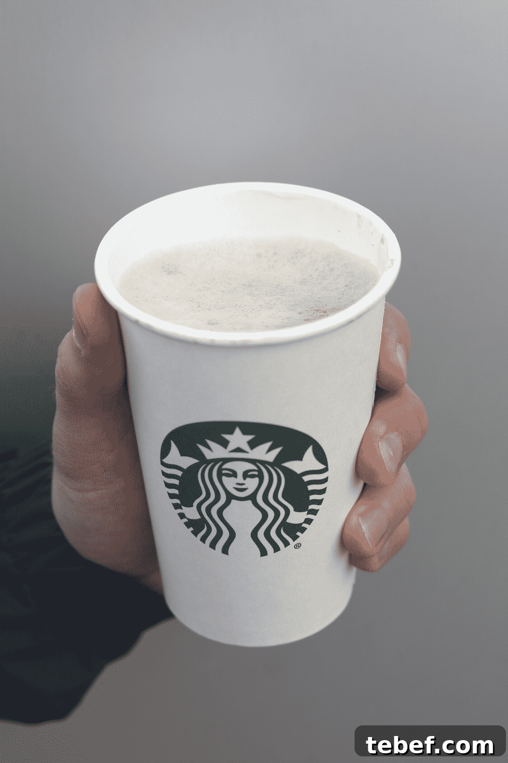 A hand holding a cup of vegan Starbucks cappuccino.