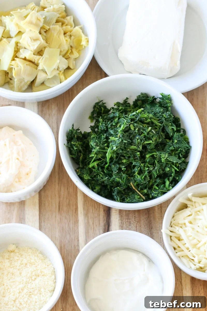 Try this perfect baked, hot spinach artichoke dip. ingredients for spinach artichoke dip