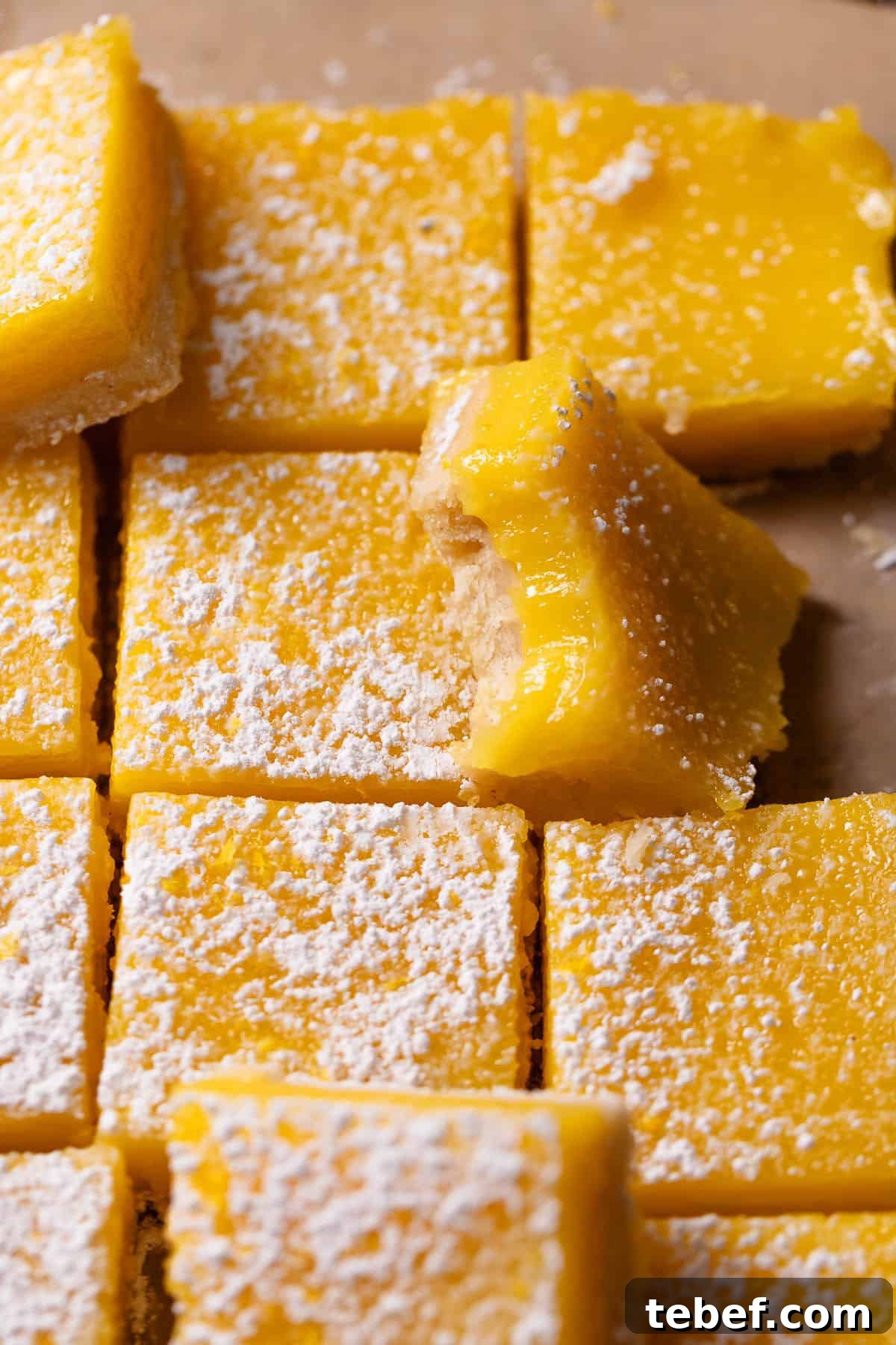 Zesty Lemon Bars with Buttery Shortbread Crust 2 Lemon bars dusted with powdered sugar with one missing a bite.