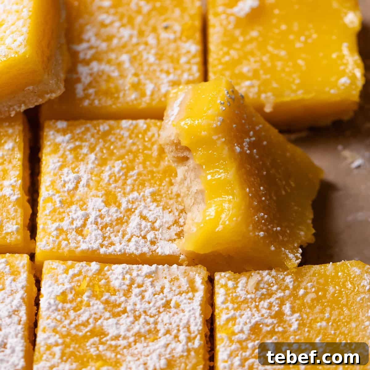 Zesty Lemon Bars with Buttery Shortbread Crust 10 Lemon bars dusted with powdered sugar with one missing a bite.