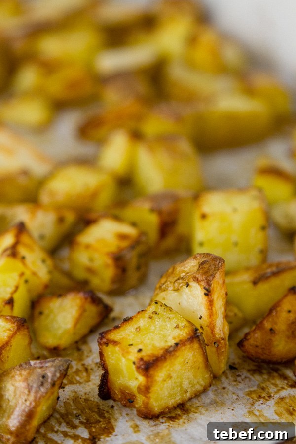 Crispy Sheet-Pan Roasted Potatoes with Garlic and Herbs 2 close up of Potato cubes still on the roasting sheet