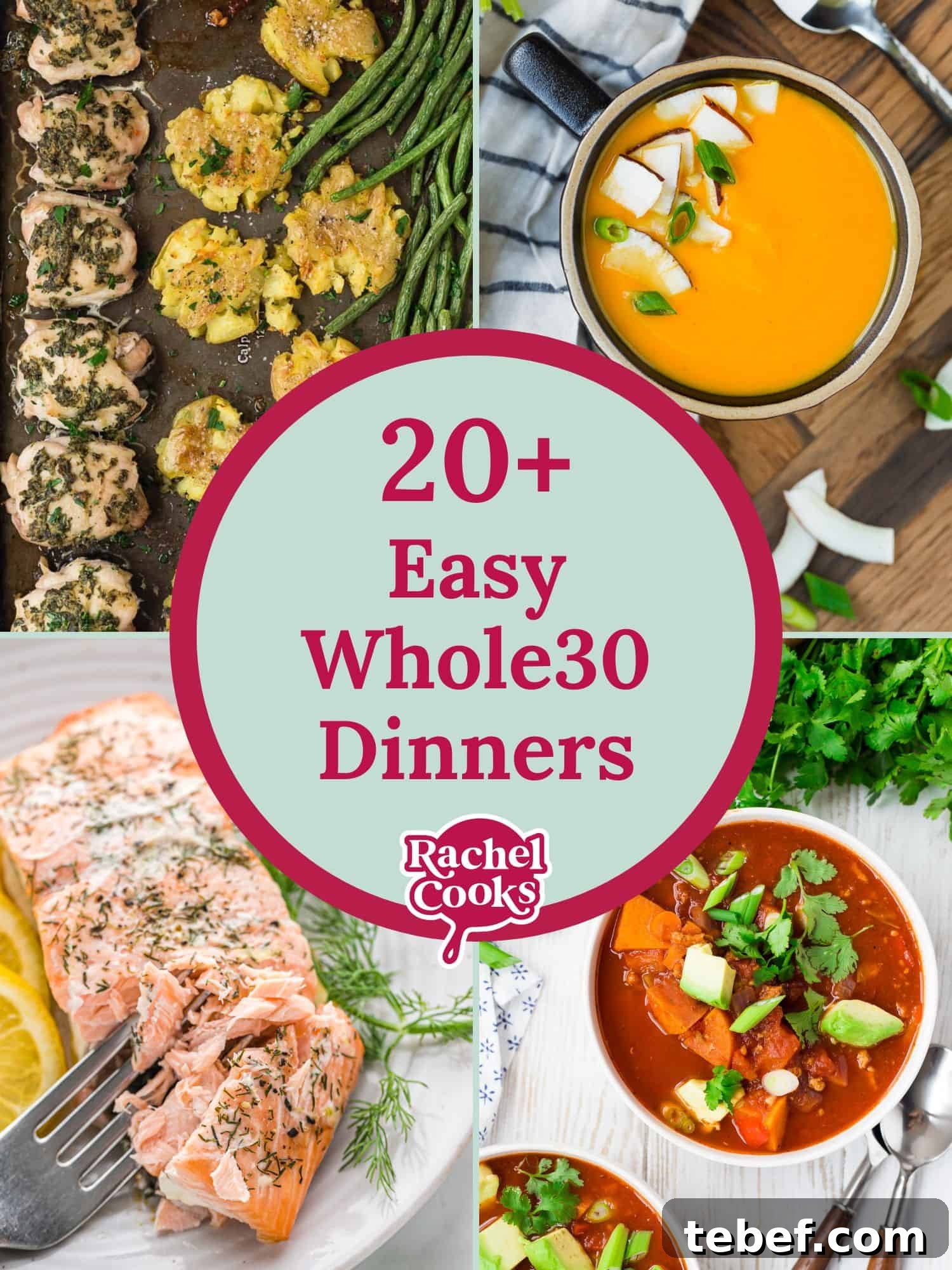 Multiple images, text reads 20+ easy whole30 dinners