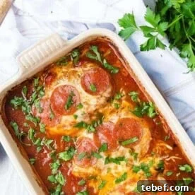 Baked pizza-style chicken topped with pepperoni.