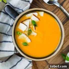 Bright orange carrot soup with coconut and green onion garnish.