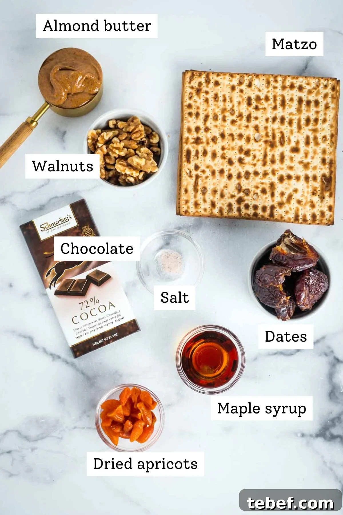 Chocolate-Dipped Matzo Crack Balls: Crispy Sweet Snack Recipe 3 Labeled ingredients: matzo, almond butter, walnuts, chocolate bar, dates, apricots and maple syrup.