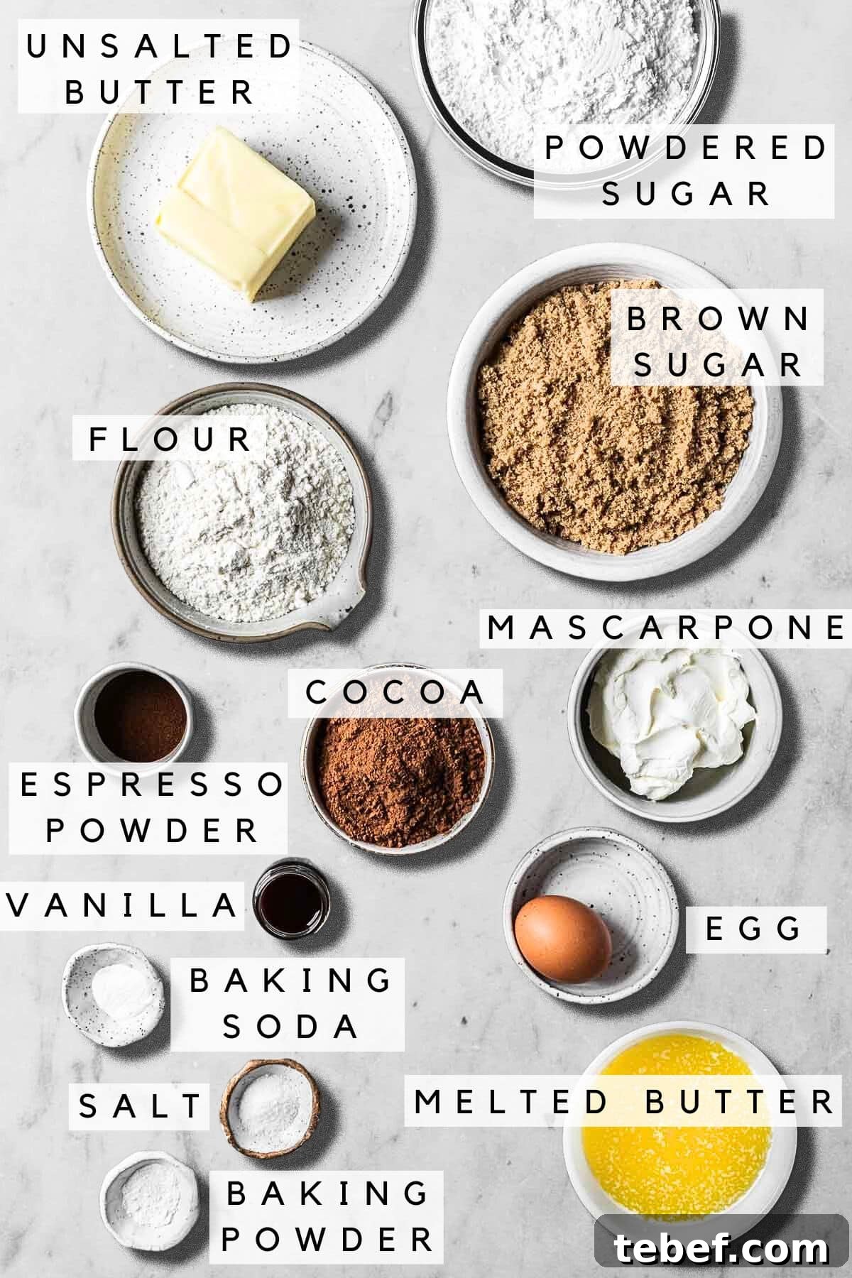 Labeled ingredient bowls for chocolate coffee mascarpone sandwich cookies.
