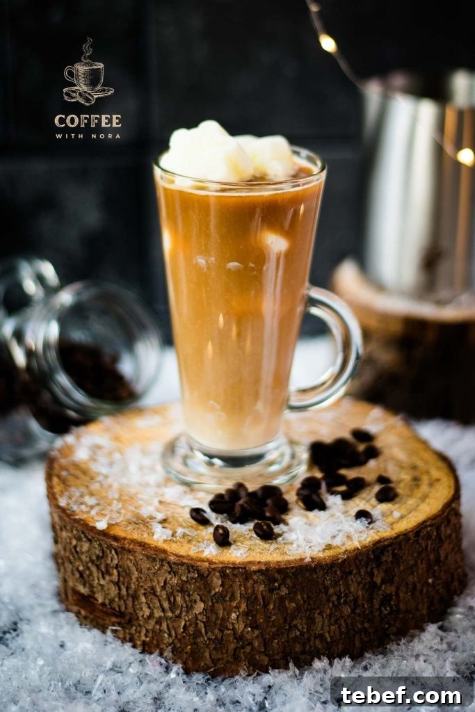 Creamy Iced Coffee with Milk Recipe: Chilled Cafe-Style Drink 2 Gorgeous image of a high coffee glass, filled with iced coffee. The beautiful snowflake shaped milk ice cubes make this treat even more appealing.