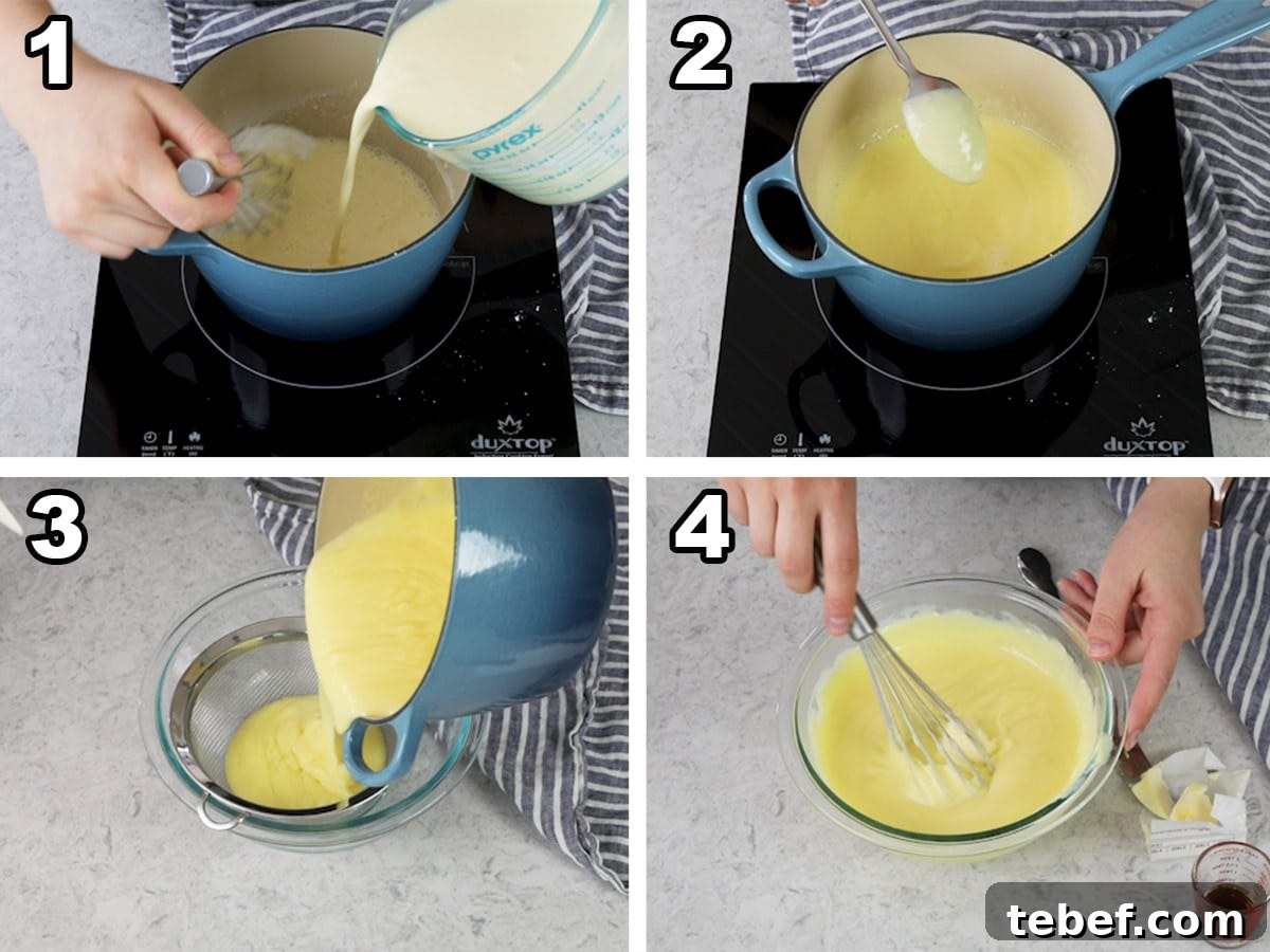 collage of four photos showing how to make pastry cream