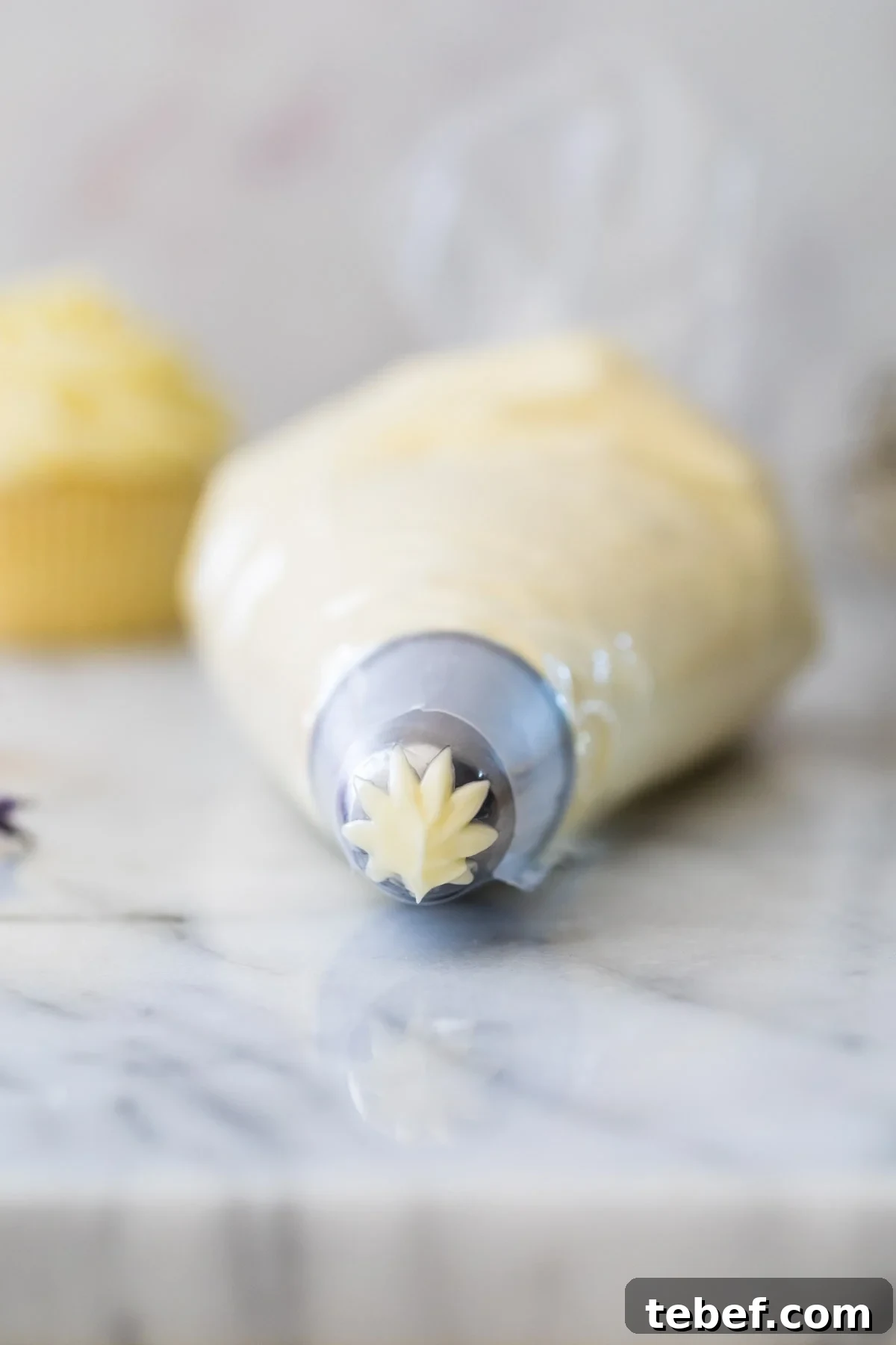 Head-on shot of star-tipped piping bag filled with German buttercream