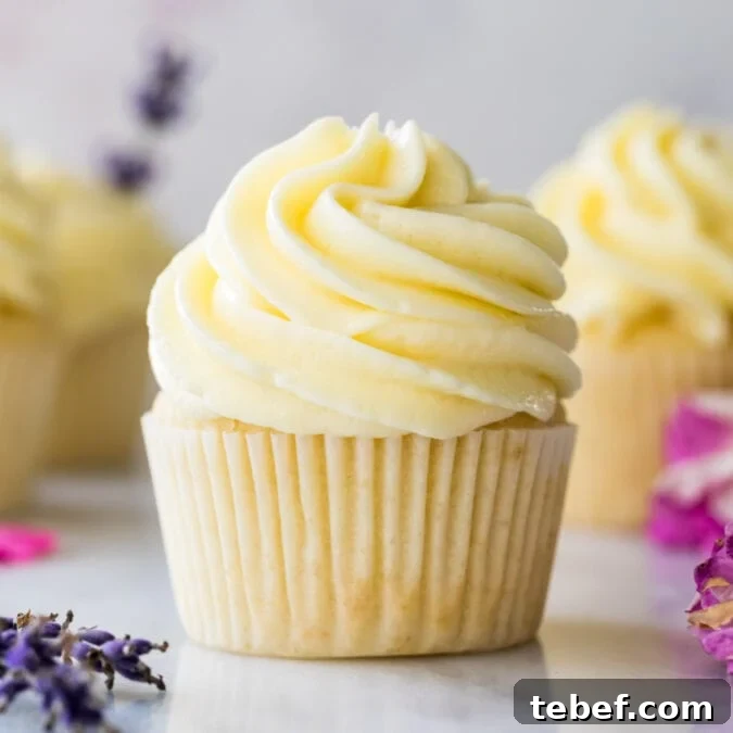 side view of cupcake frosted with thick, silky German buttercream icing