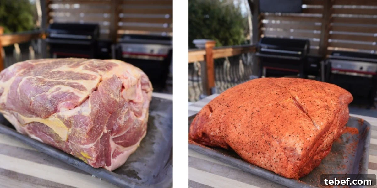Perfect Slow-Cooker Pulled Pork Sandwich Recipe 6 Raw Pork shoulder covered in mustard and seasoned.