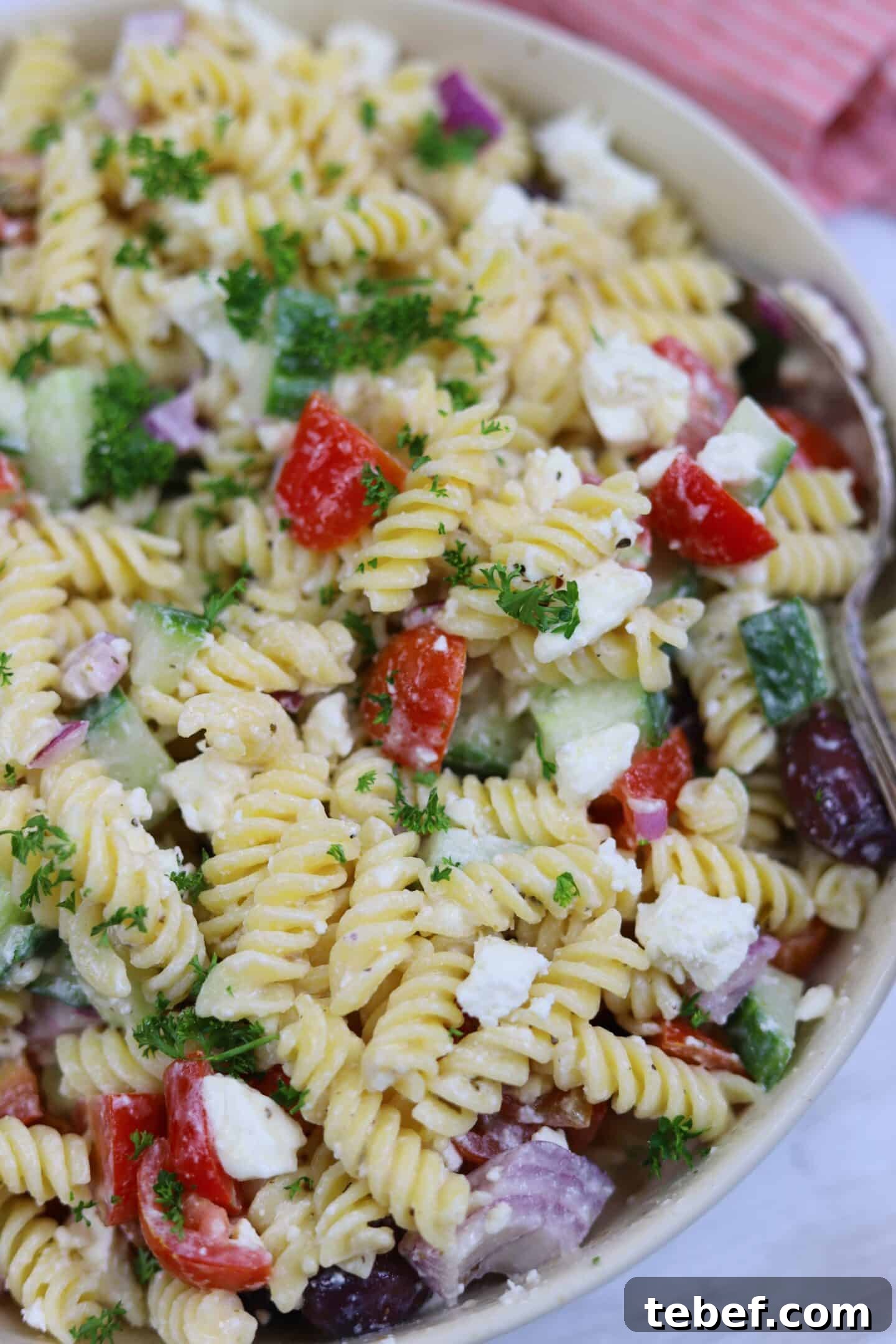 Classic Greek Pasta Salad Recipe for Mediterranean Flavor 3 Close up shot of Greek pasta salad.