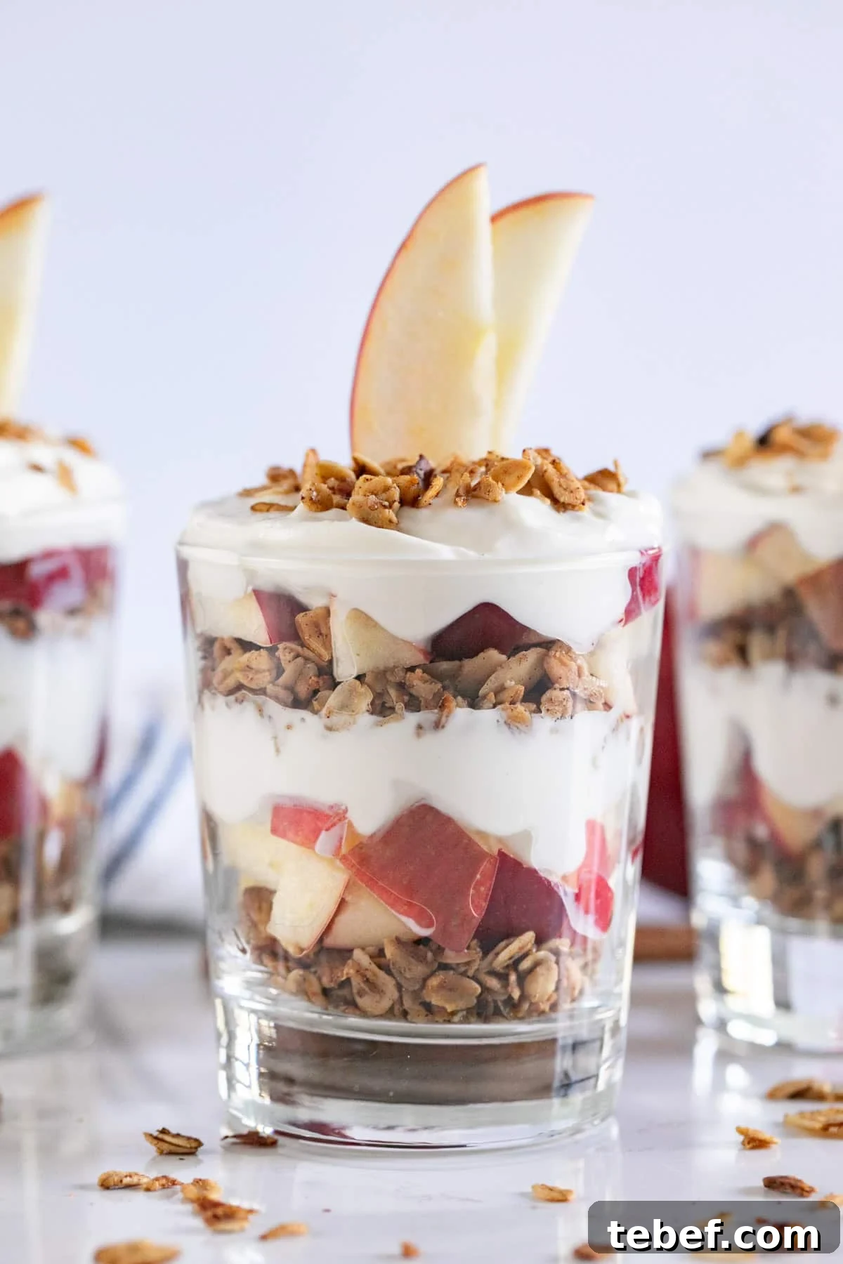 Apple Yogurt Parfait with Cinnamon Granola Recipe 2 A close up image of a yogurt parfait with apples.