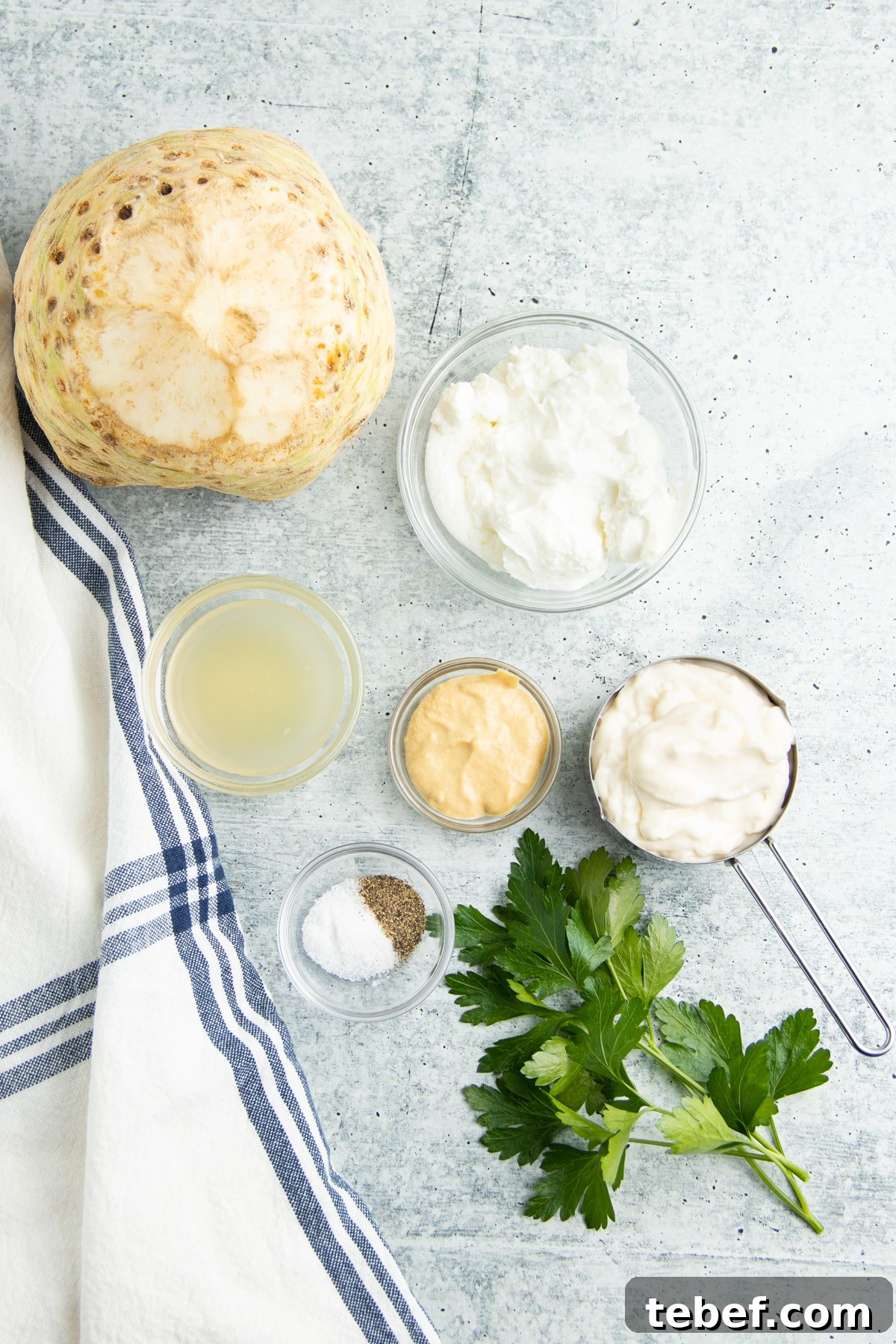 Celery Root Remoulade Recipe: Classic French Celeriac Salad 7 Image of all individual ingredients in small bowls.