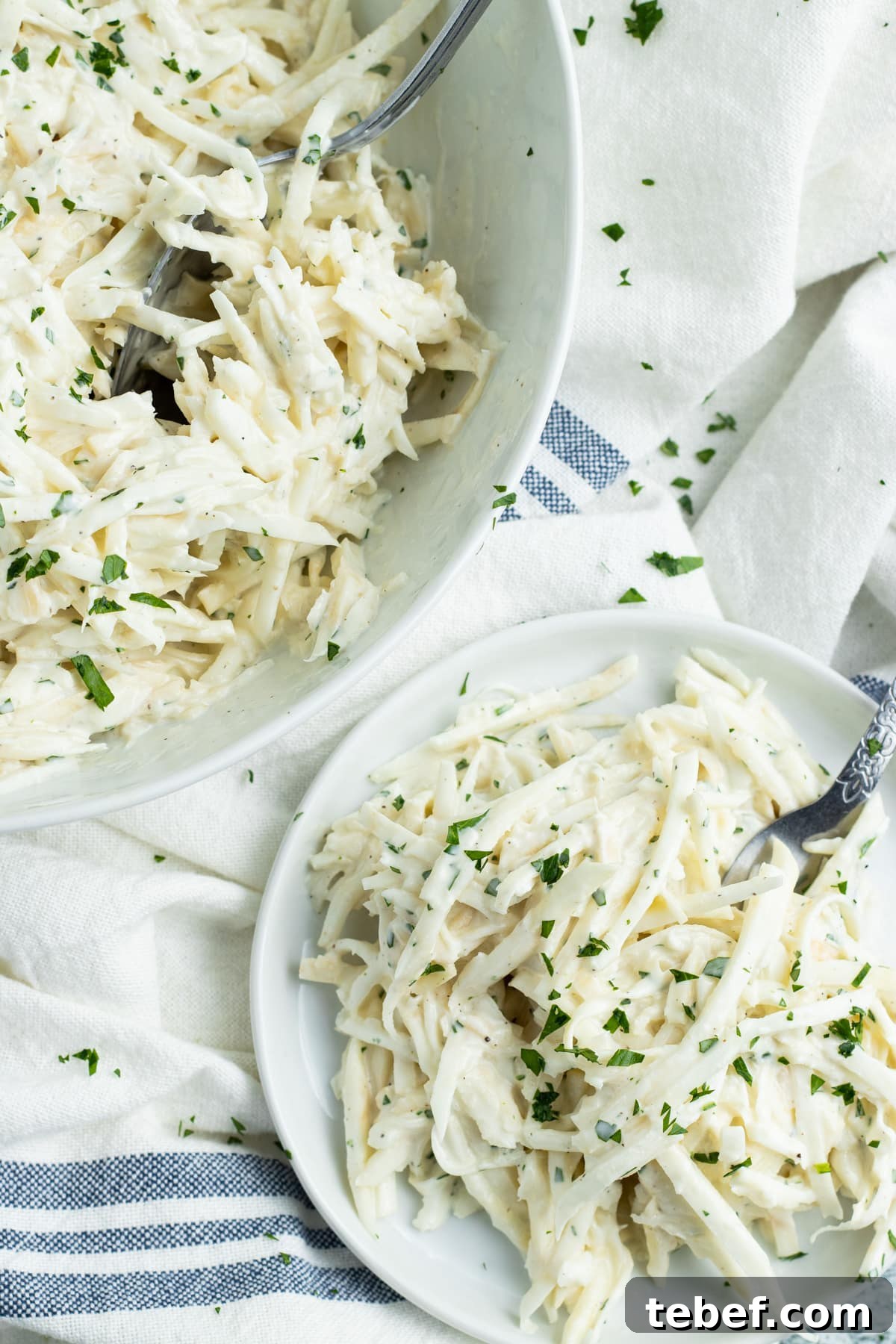 Celery Root Remoulade Recipe: Classic French Celeriac Salad 8 Photo of a bowl of celery root remoulade and a plate with some on it too.