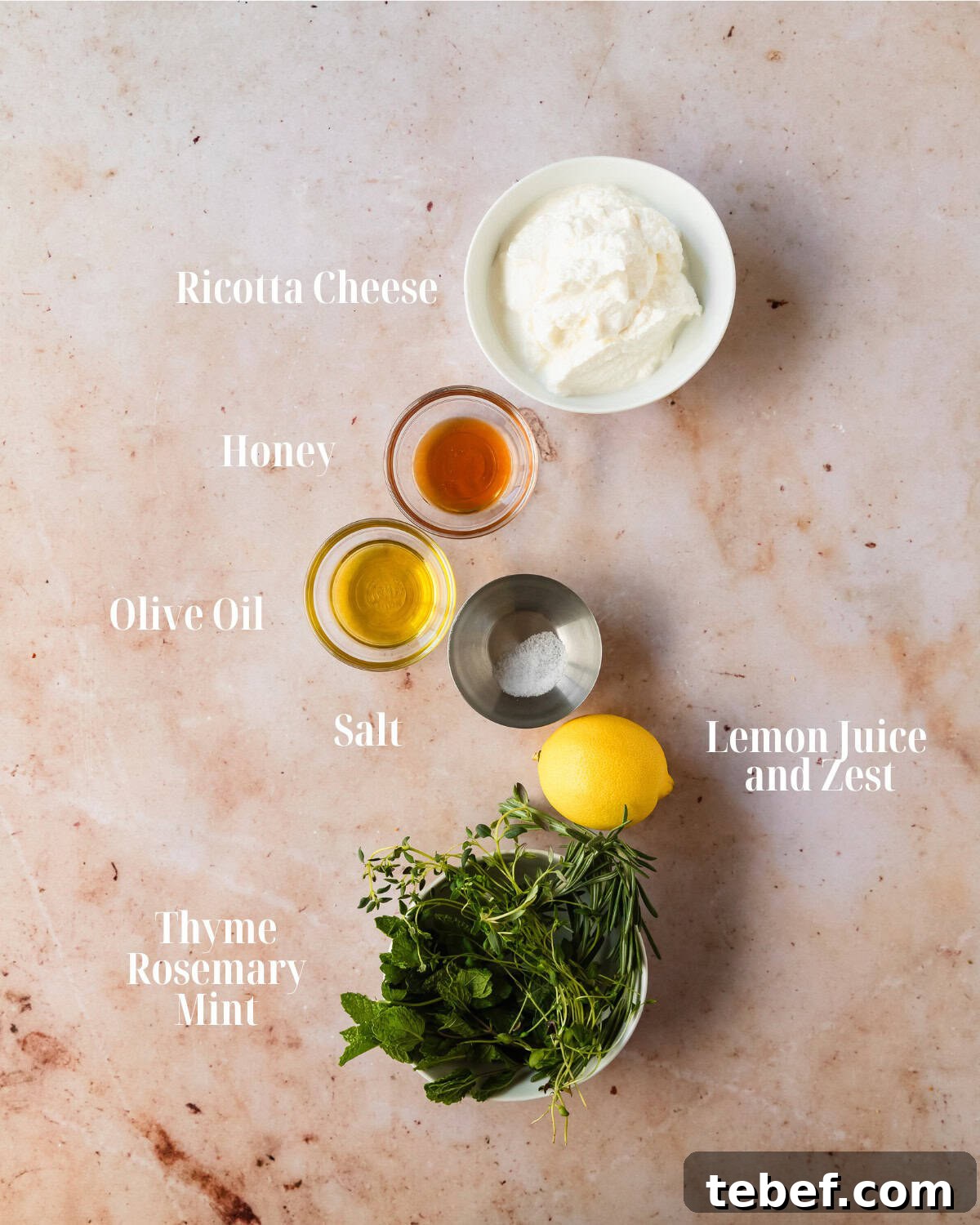 Creamy Whipped Ricotta Dip Recipe for Entertaining 3 Gather ricotta cheese, olive oil, salt, honey, fresh herbs and black pepper.