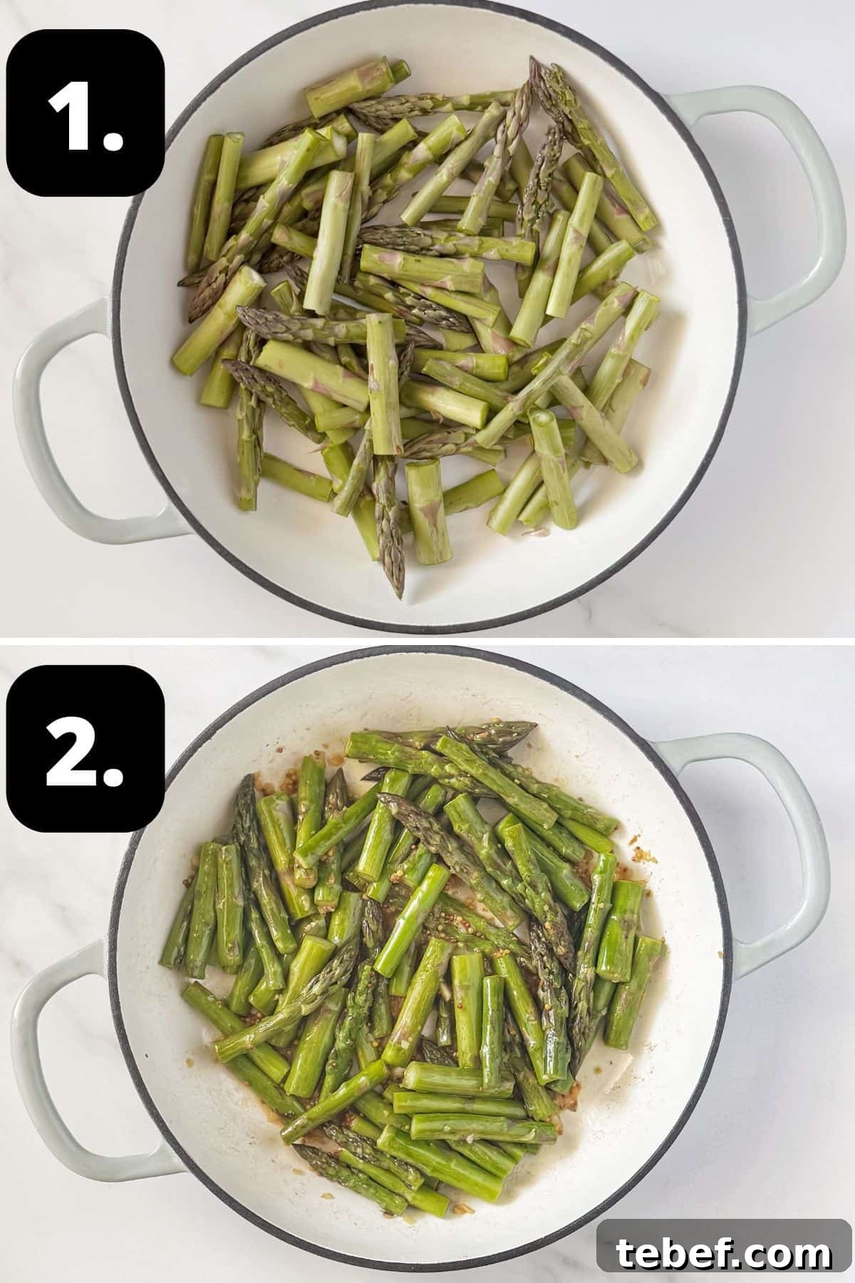 Crispy Garlic Sautéed Asparagus Recipe 4 Steps 1-2 of preparing this recipe: the asparagus in a frying pan and the cooked mixture that has been seasoned.