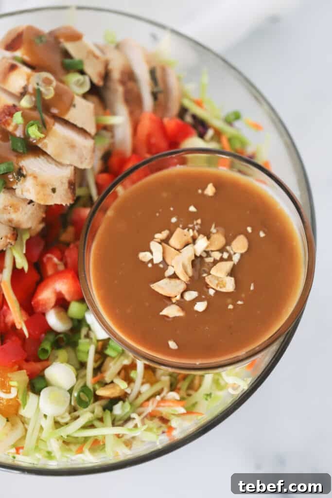 Creamy Thai Peanut Sauce Recipe for Dipping & Stir-Fries 3 A bowl full of grilled chicken, green onions, red peppers, sprouts, and a ramekin full of Pad Thai Peanut Butter Sauce.