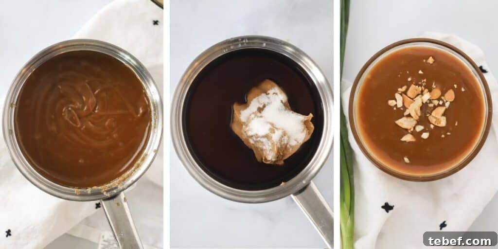 Creamy Thai Peanut Sauce Recipe for Dipping & Stir-Fries 4 Side by side photos of a sauce pot making Pad thai Peanut sauce and a ramekin with the finished sauce topped with chopped peanuts.