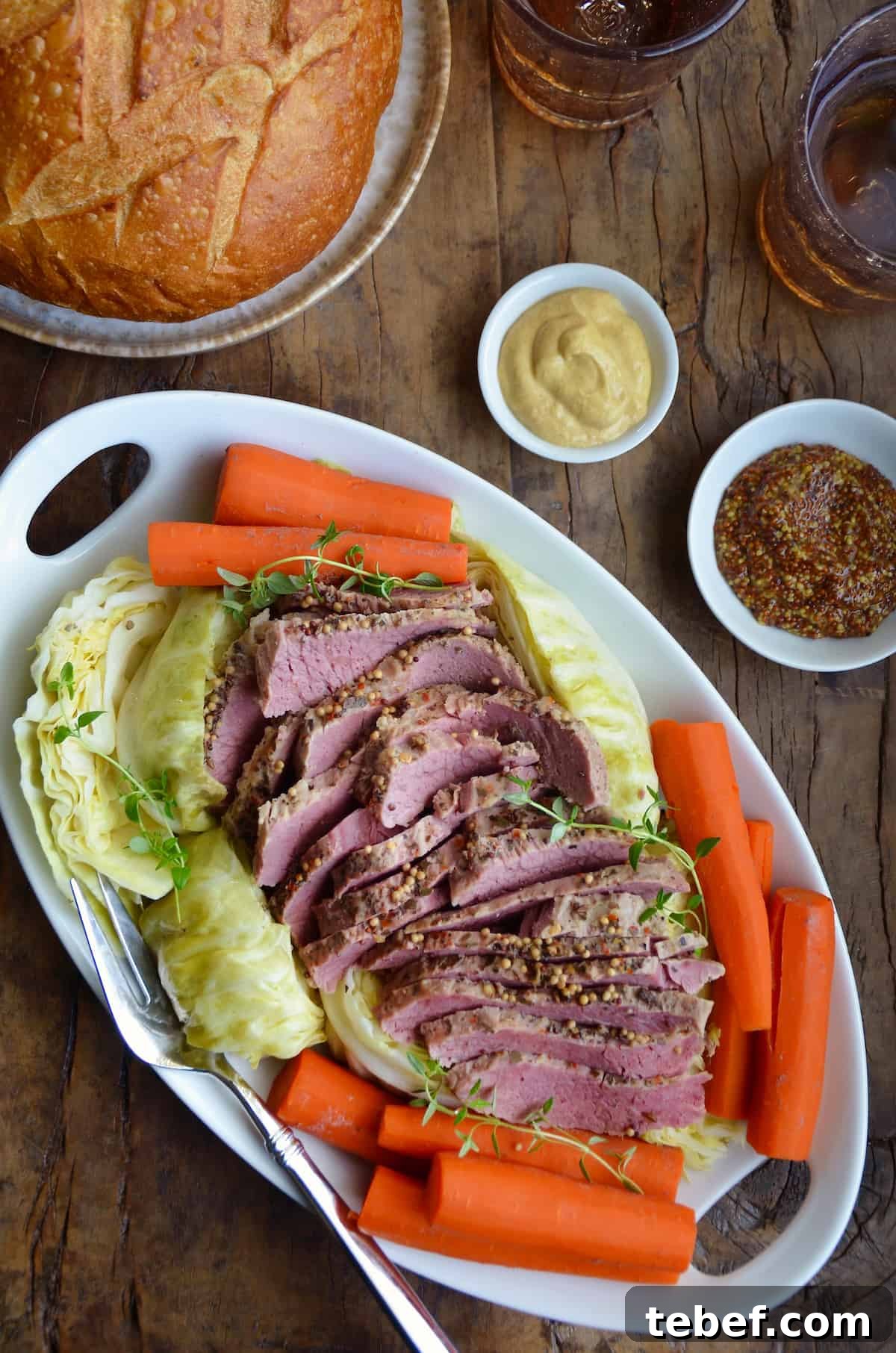 Sliced corned beef is surrounded with cabbage and carrots on an oval platter. Nearby are dishes of mustard and a loaf of soda bread.