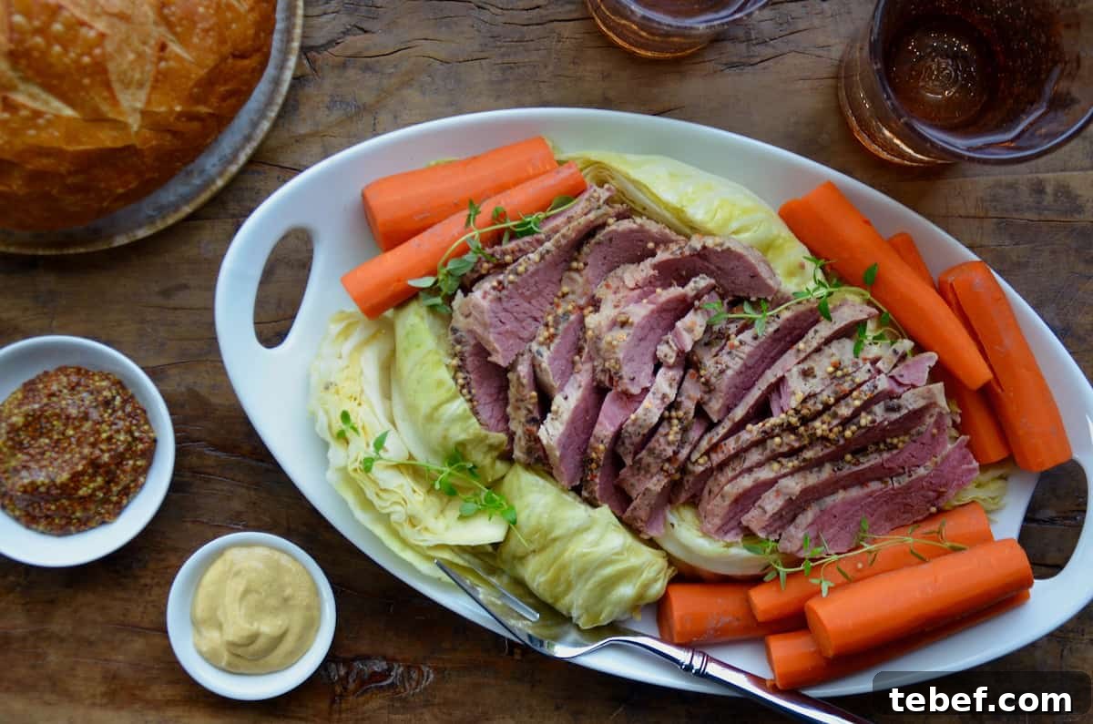 Sliced corned beef is surrounded with cabbage and carrots on an oval platter. Nearby are dishes of mustard and a loaf of soda bread.