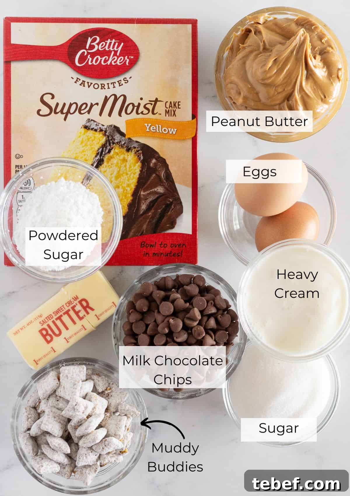 The ingredients needed to make Muddy Buddy Cookies with a cake mix.