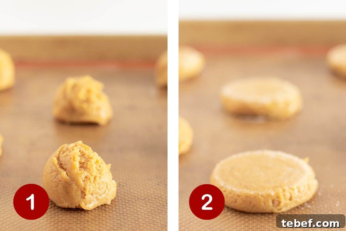 Making the peanut butter cookie dough and pressing the cookie dough down with a sugared glass.