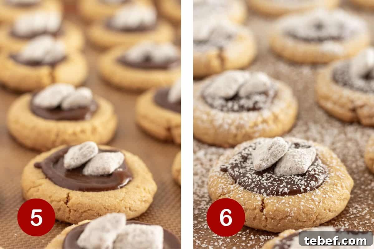 Topping with muddy buddy cereal and sprinkling with powdered sugar.