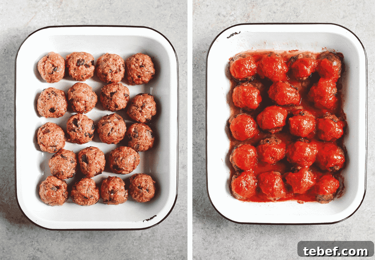 instructional step by step photos: placing the meatballs in the casserole dish to be baked then topping the baked meatballs with tomato sauce