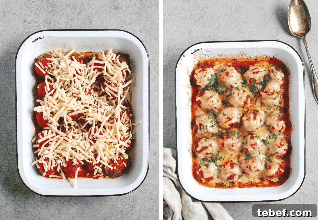  instructional step by step photos: topping the baked meatballs with cheese then baking. Finishing with garnish on top. 