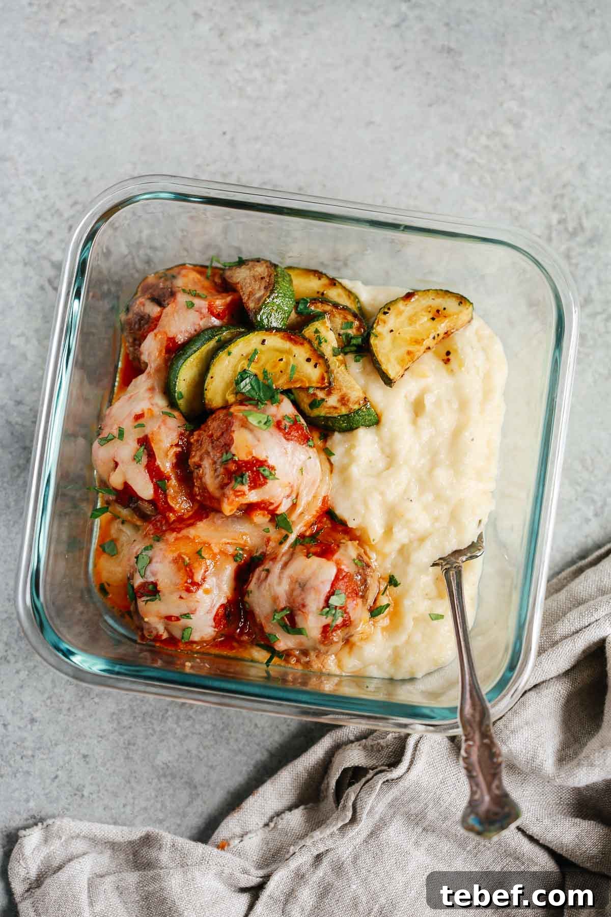 baked meatball casserole in a meal prep container