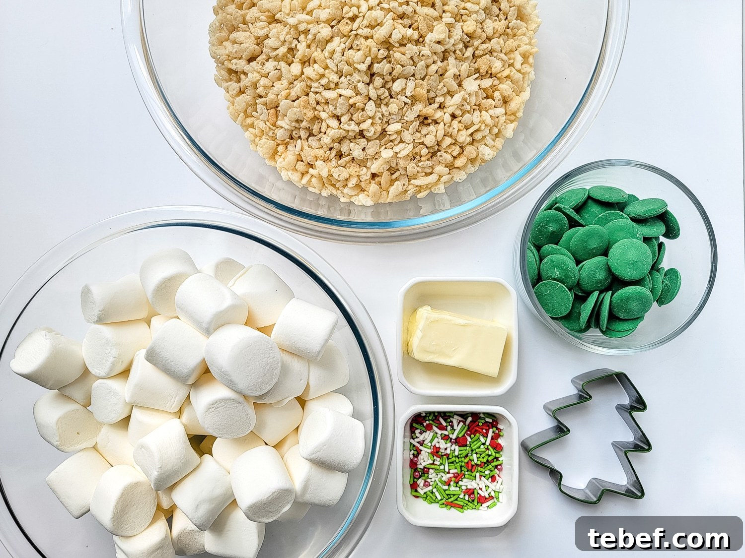 Rice Krispie Christmas Trees: Festive Holiday Treat Idea 3 ingredients in bowls for Christmas trees rice Krispy treats