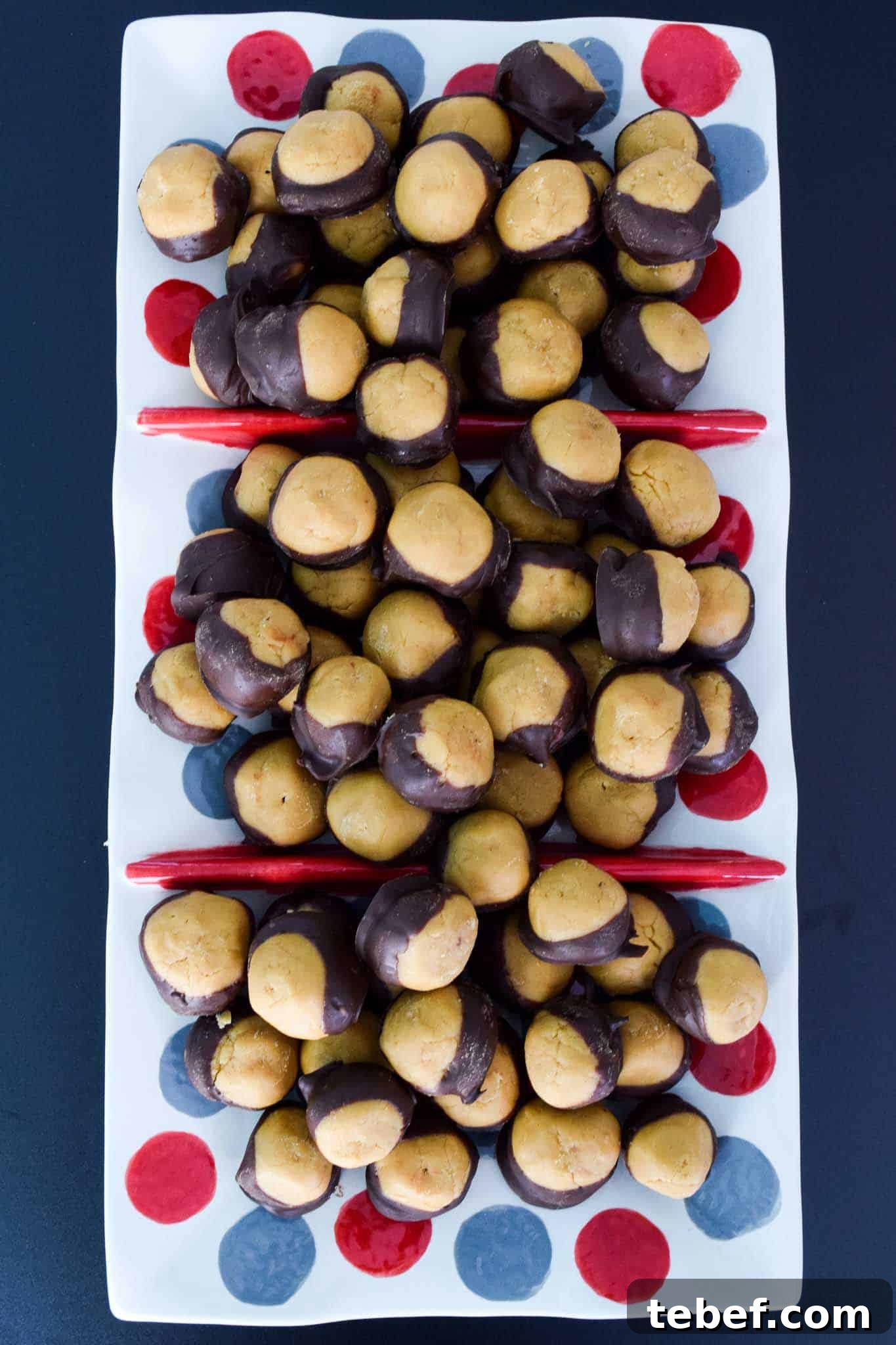 The Best Ohio State Buckeyes Ohio State Buckeyes stacked up on a white platter with scarlet and gray polka dots overhead shot