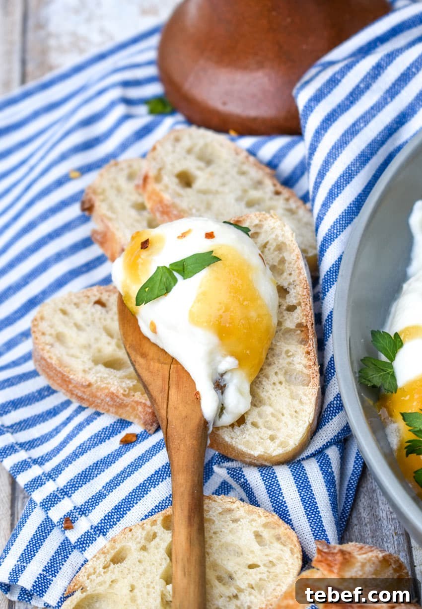 a wooden spoon resting on a baguette slice topped with whipped ricotta cheese dip spread