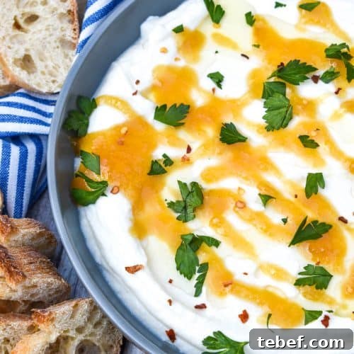 whipped ricotta cheese spread in a shallow gray bowl topped with honey and fresh herbs