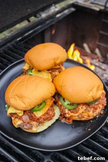 Pizza Smashburger Recipe: Crispy Beef Patty with Melty Pizza Toppings 13 Chili Cheese Smash Burgers plated and ready to eat.