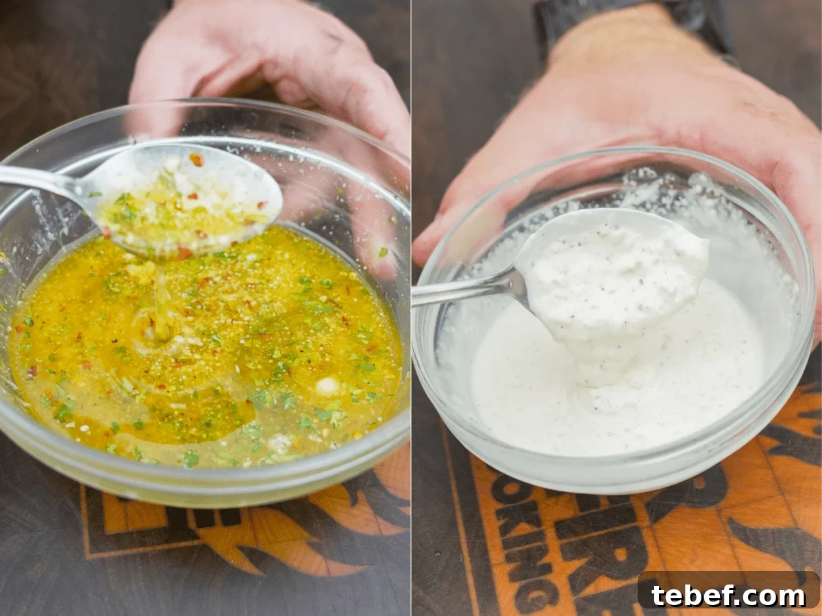 Pizza Smashburger Recipe: Crispy Beef Patty with Melty Pizza Toppings 5 Two bowls, one with garlic Parmesan butter and a spoonful over it and another bowl with garlic aioli and another spoonful