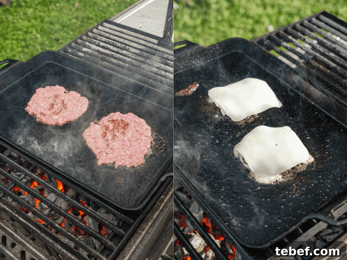 Pizza Smashburger Recipe: Crispy Beef Patty with Melty Pizza Toppings 6 Smashing beef patties on a griddle on the grill and melting mozzarella cheese over them