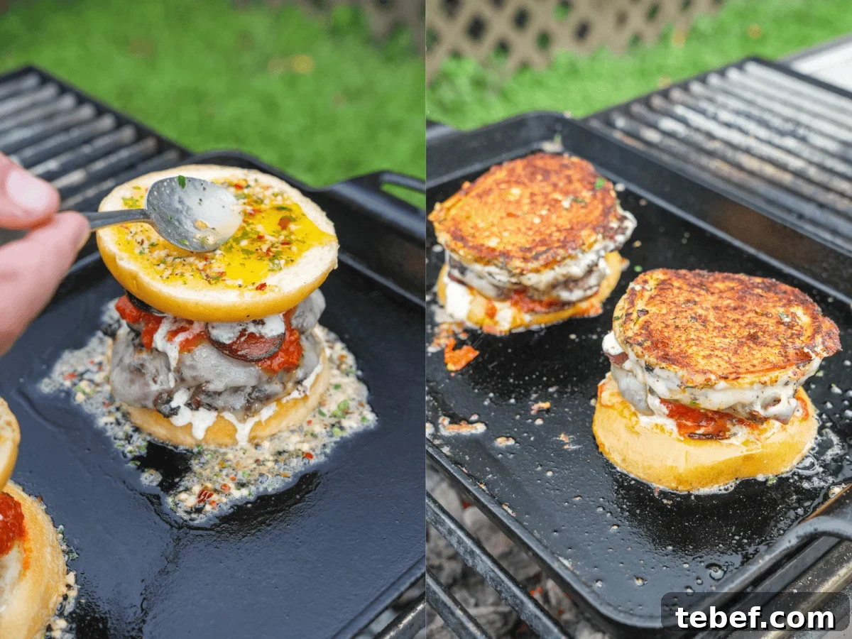Pizza Smashburger Recipe: Crispy Beef Patty with Melty Pizza Toppings 7 Searing assembled pizza smashburgers on a plancha on the grill and spooning butter over the top bun