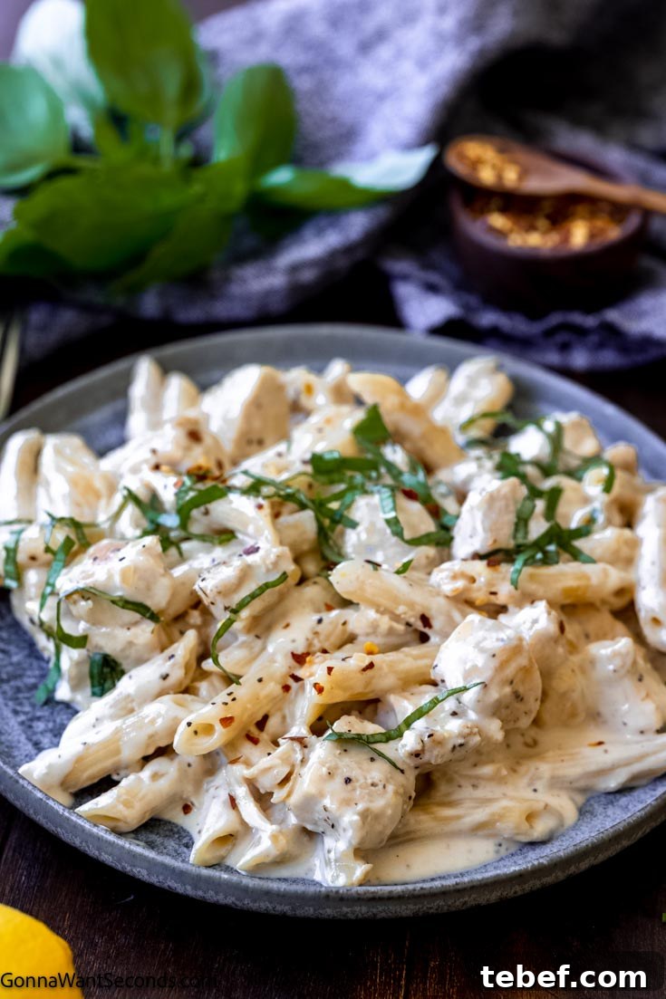 This creamy lemon chicken pasta is a comfort food your whole family will adore. Pasta and chunks of chicken in a rich, velvety, luscious lemony cream sauce! creamy lemon garlic chicken pasta on a plate