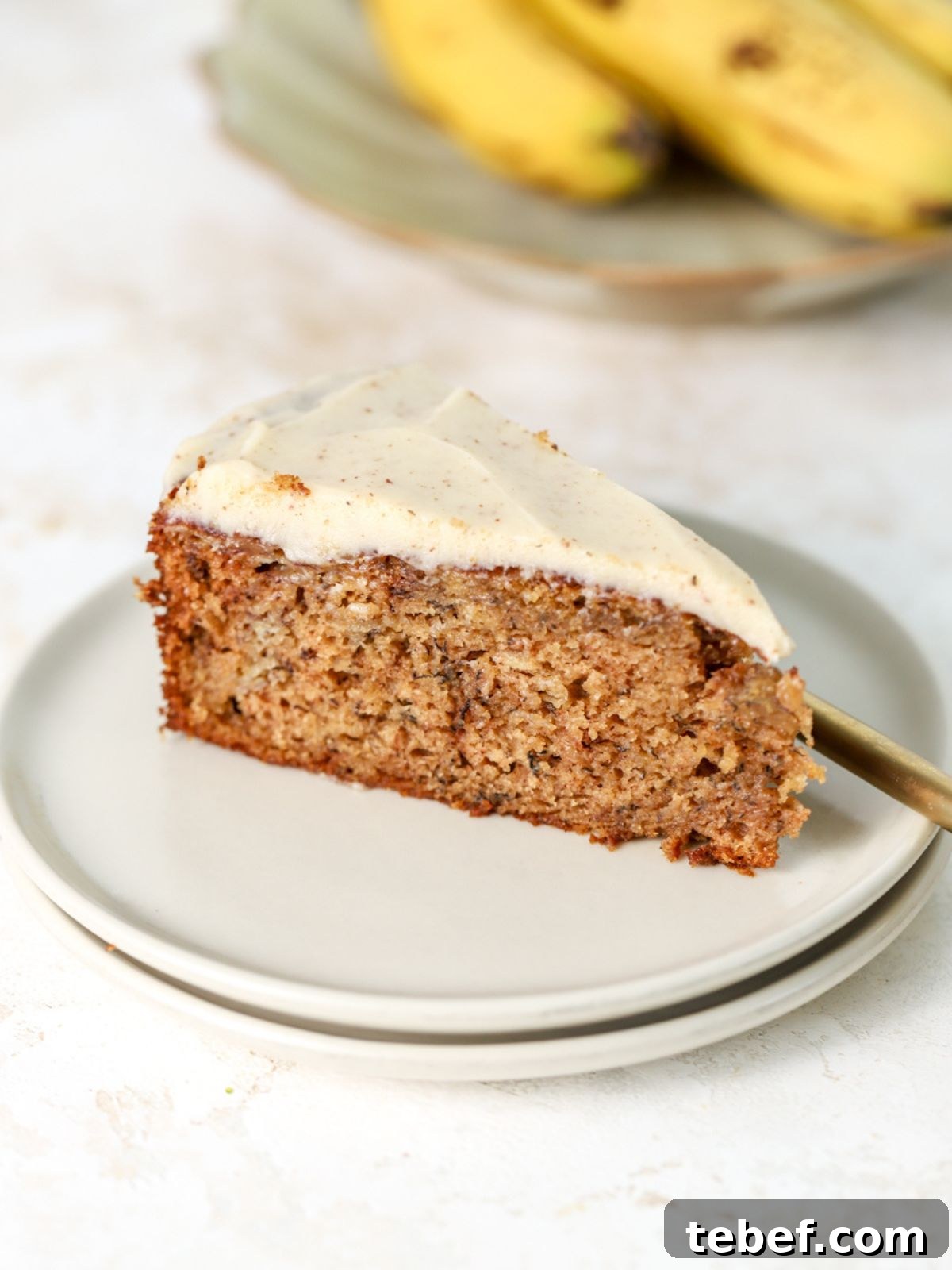 Moist Banana Olive Oil Cake Recipe for Perfect Homemade Dessert 10 A slice of banana cake on a stack of two plates next to some bananas.