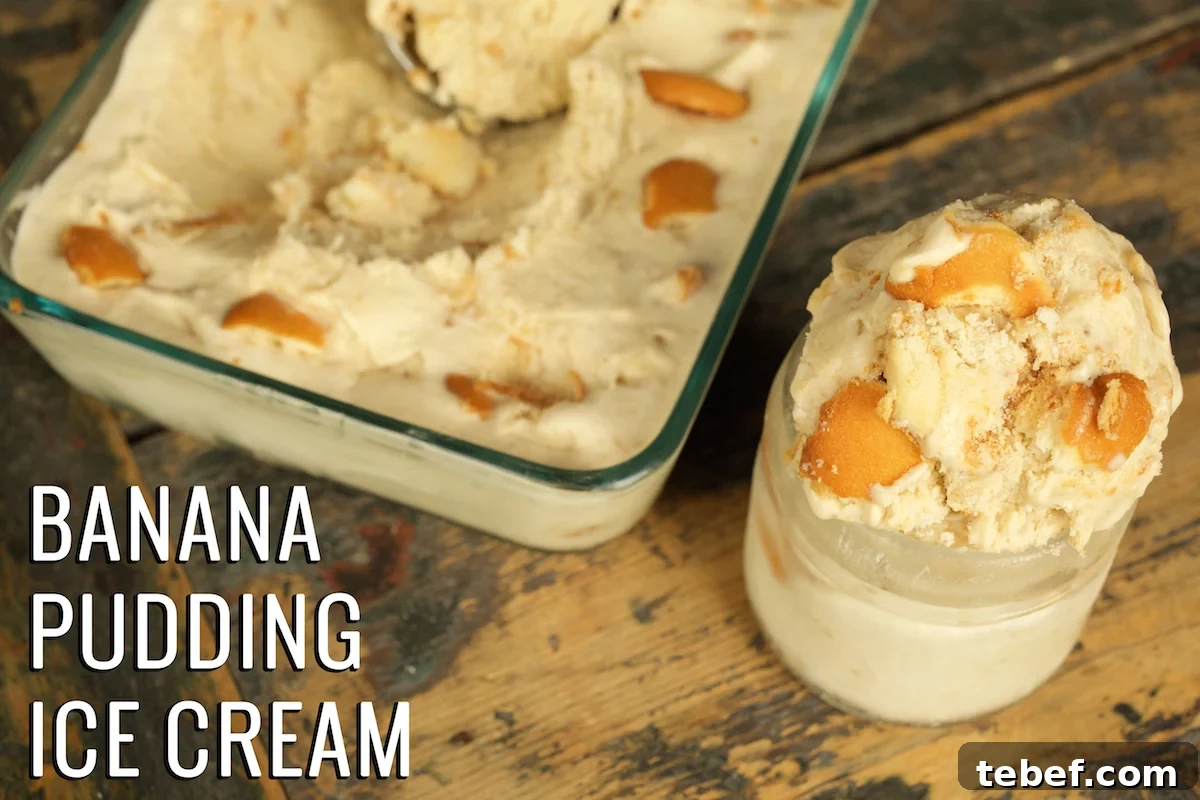 Banana Pudding Ice Cream in a jar and also in a glass backing dish.