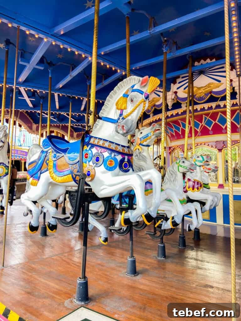 Prince Charming Regal Carousel Ride Guide & Tips at Magic Kingdom 3 closeup of the horses on the carrousel.