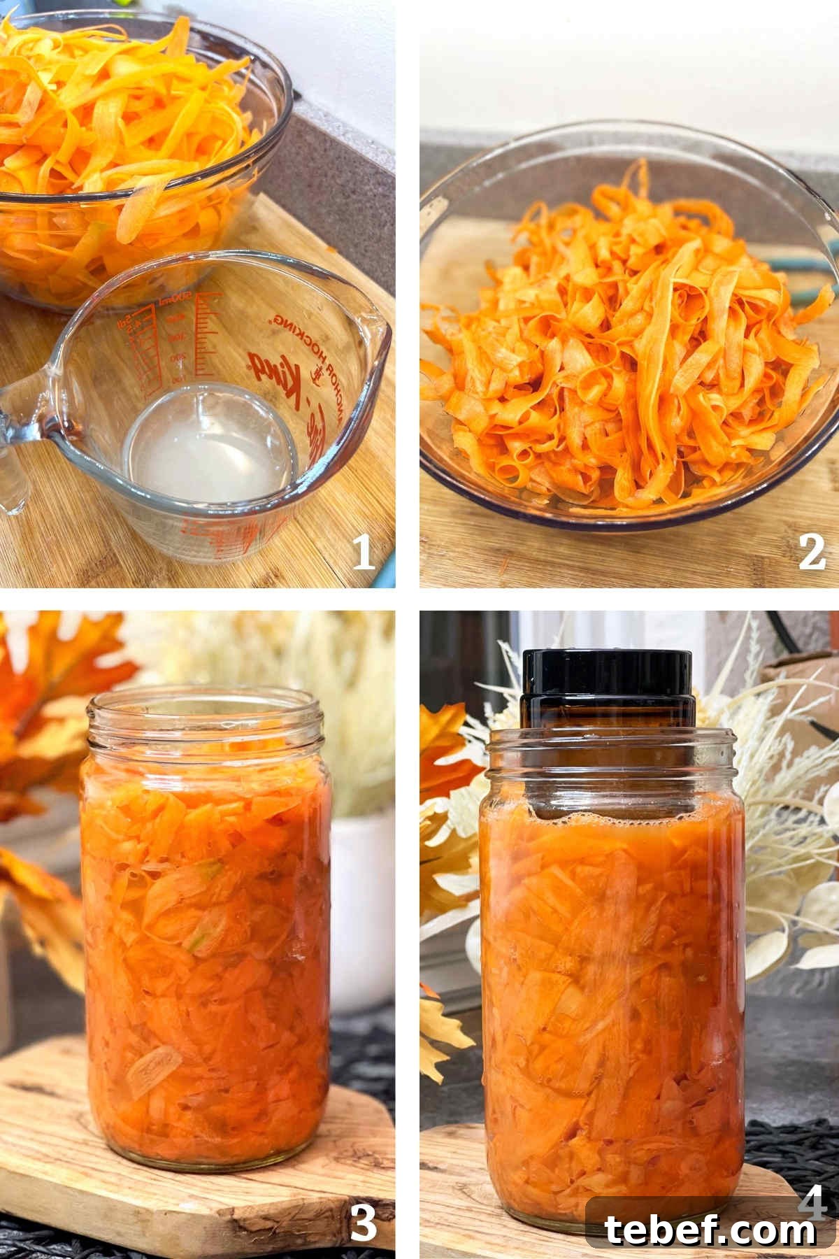 Tangy Fermented Shaved Carrot Salad Recipe for Gut Health 4 Process shots showing how to ferment shaved carrots with salt in a jar.