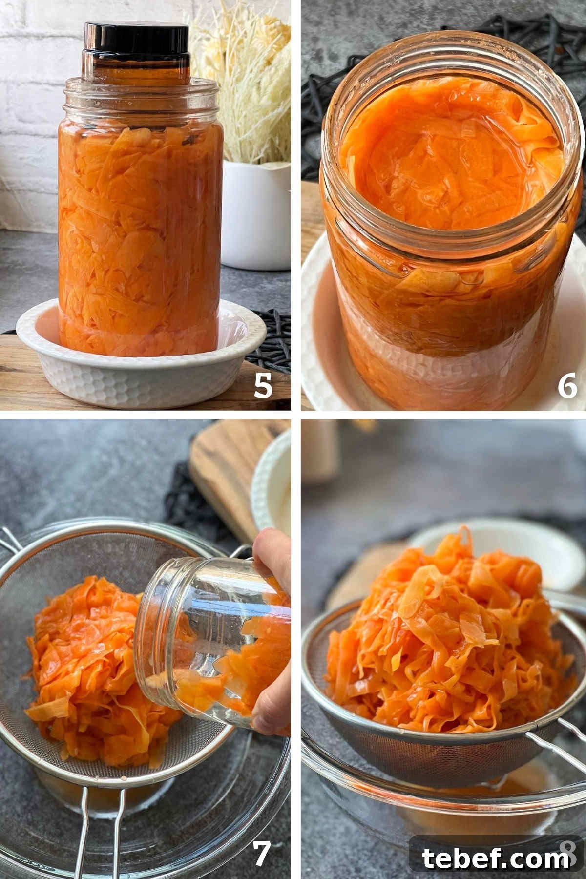 Tangy Fermented Shaved Carrot Salad Recipe for Gut Health 5 Process shots showing how to prepare the fermented carrots for assembling the salad, by removing the brine.