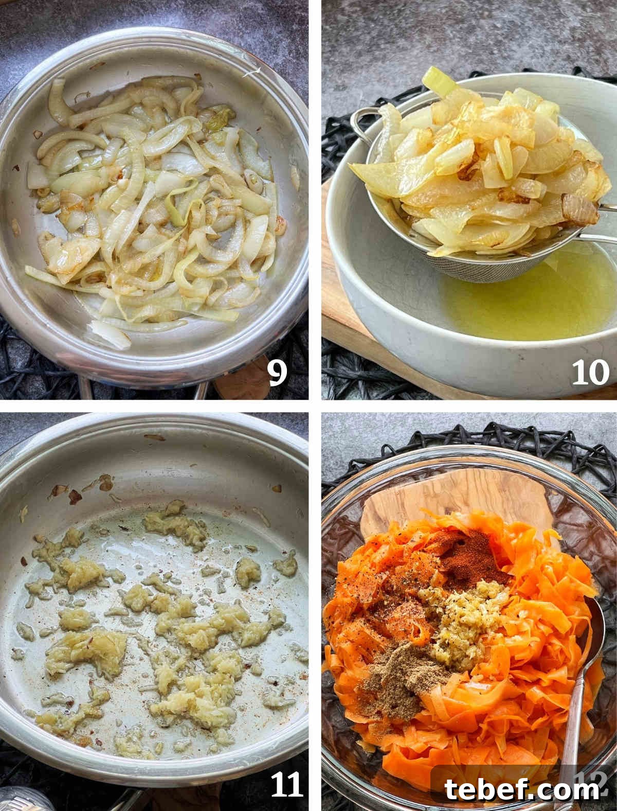 Tangy Fermented Shaved Carrot Salad Recipe for Gut Health 6 Process shots showing how to prepare the seasonings (coriander, paprika, black pepper) the onion and garlic infused oil for the carrot salad.